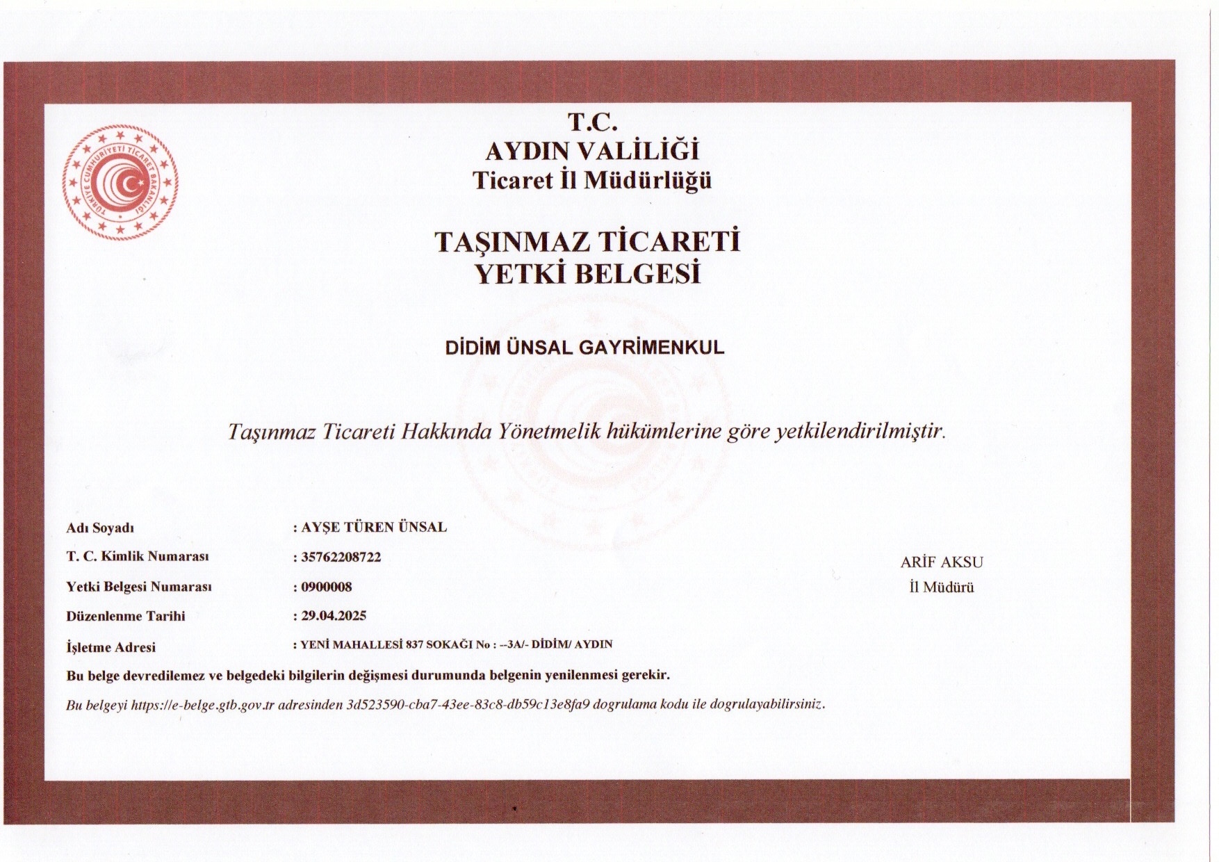 Ünsal Gayrimenkul olarak Taşınmaz Ticaret Yetki Belgesi sahibi işletmeyiz.